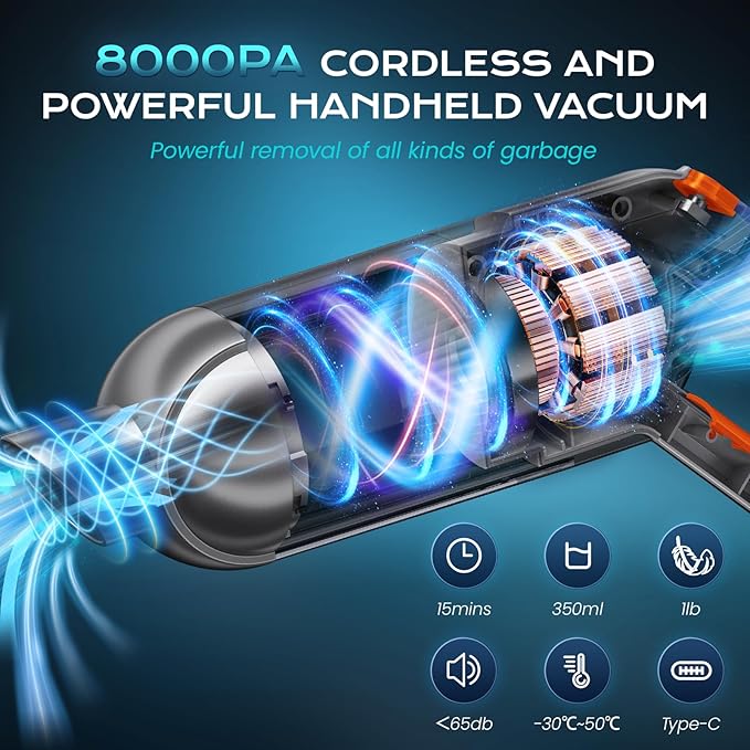 Handheld Vacuum Cordless Portable Car Vacuum with LED LightRechargeable Small Vacuum Cleaner with Powerful SuctionLightweight Vacuum Cleaner for Car Home Office Pet Hair (Orange)