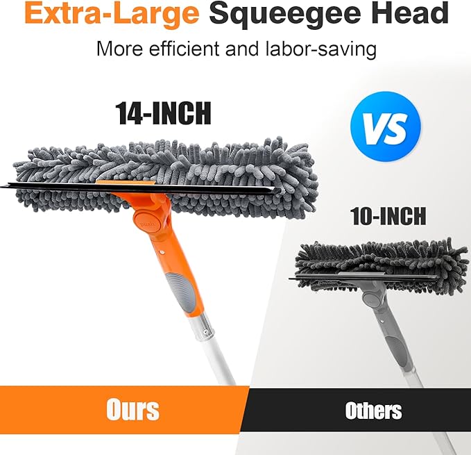 20 Ft High Reach Window Squeegee with 5-12Ft Extra-Thick Aluminum Telescopic Extension Pole| 14 Extra-Large 2-in-1 Window Cleaner Tool| Window Washer for Indoor/Outdoor WindowRVTruck Glass