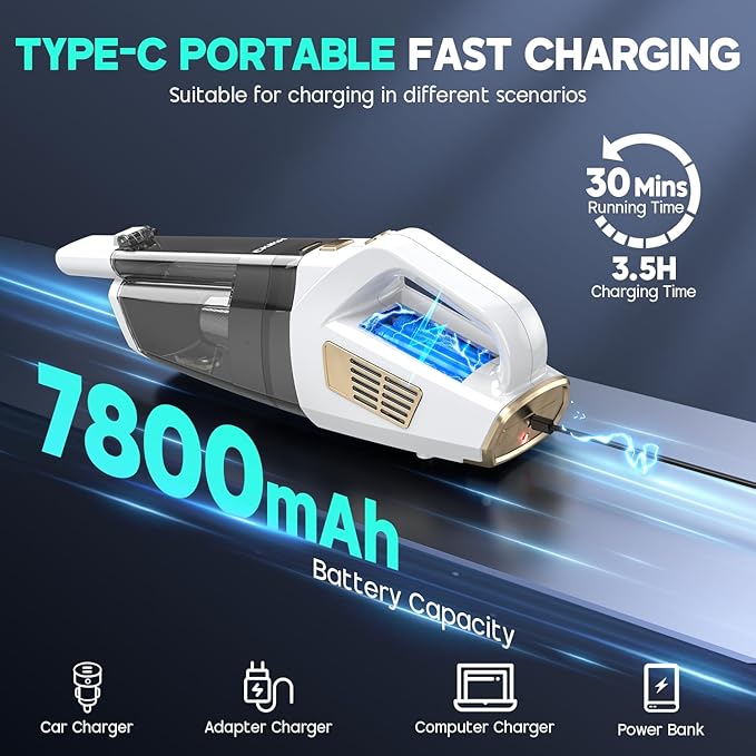 Handheld Vacuum Cordless 15000PA Strong Suction Hand Held Car Vacuum Cleaner Portable with Multi-Nozzles &amp Washable Filter Lightweight Dust Busters Rechargeable for Home Car Office Pets