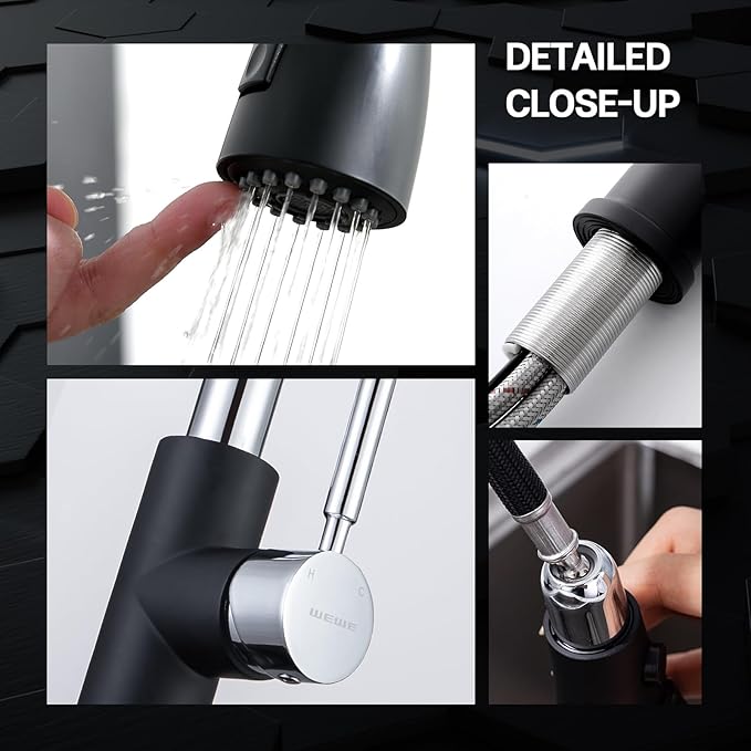 WEWE Kitchen Sink Faucet Pull Down Kitchen Faucet Black and Chrome Kitchen Faucet with Sprayer Stainless Steel Single Handle one or Three Hole for Laundry bar Kitchen Sinks