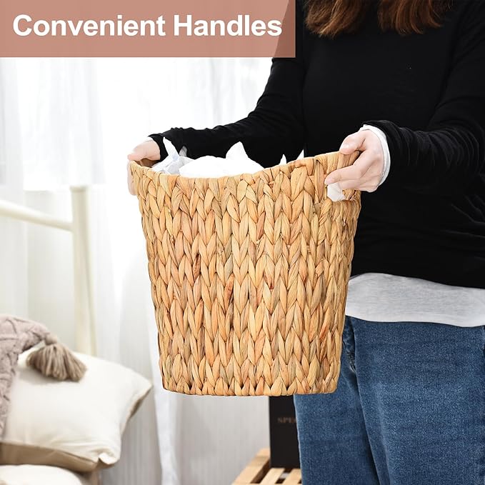 FairyHaus Wicker Trash Can with Handles Natural Water Hyacinth Wicker Waste Basket Handwoven Wicker Trash Basket for Bathroom Bedrooms 13 L x 7.5 W x 12.2 H