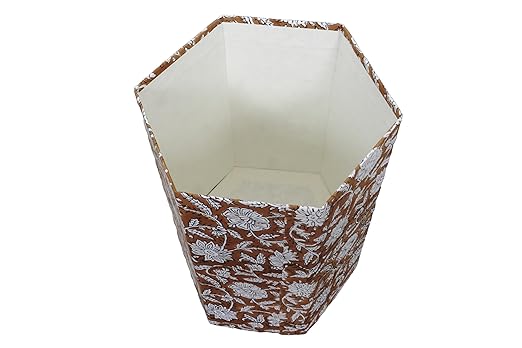 3.3 Gallon Cotton Hand Block Printed Paper Waste Basket |Small Decorative Trash Can for Housewarming Gifts in Living Room Bedroom Bathroom | Eco-Friendly Plastic-Free (1 Brown White FLOWAR)