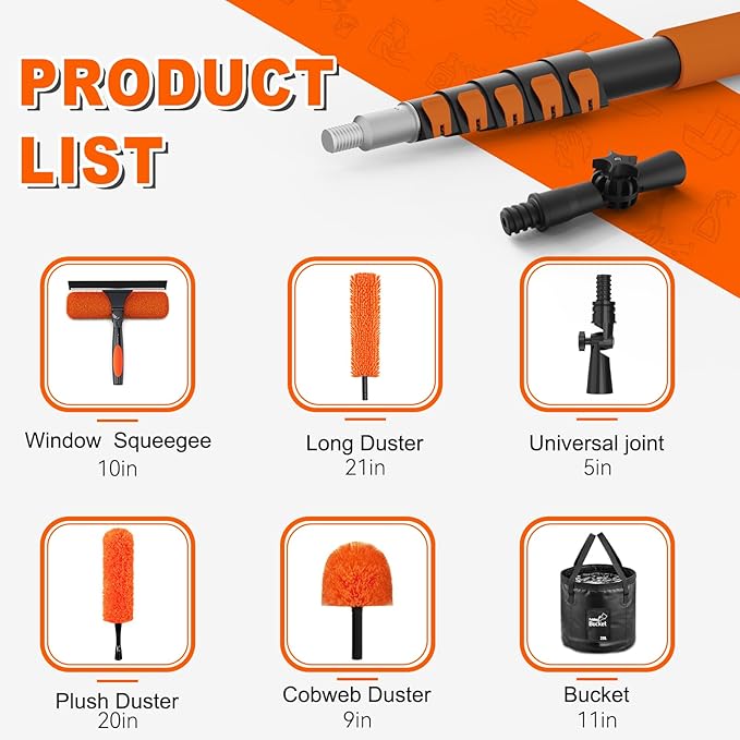 30FT Reach High Ceiling Duster Kit Window Cleaning kit with 5-24FT Extension Pole Fan Duster for Ceiling Fan Blades Microfiber Feather Duster Window Squeegee Bucket and Cobweb Duster