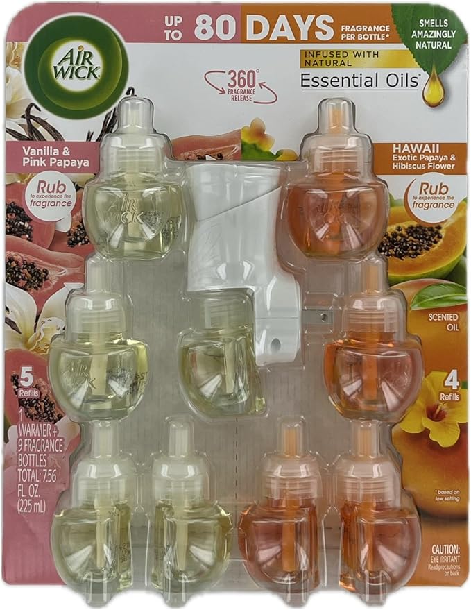 Airwick Essential Oils Air Freshener 1 Unit &amp 9 Refills (Pink Vanilla &amp Hawaii)