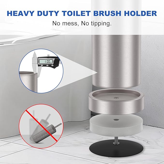 Brushed Nickel Toilet Brush and Holder Set 304 Stainless Steel Toilet Brush for Bathroom Heavy Duty Toilet Bowl Brush with Holder Removable Inner Bowl and Splash Protection Long Handle