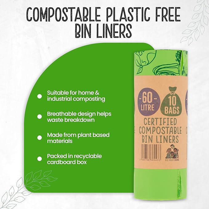 Eco Green Living 60 Litre Compostable Bin Liners Plastic Free &amp Recyclable Tall Bin Bags for Food Waste Leak Resistant Small Bin Liners 87 x 114 cm - Six Pack (60 Bags)