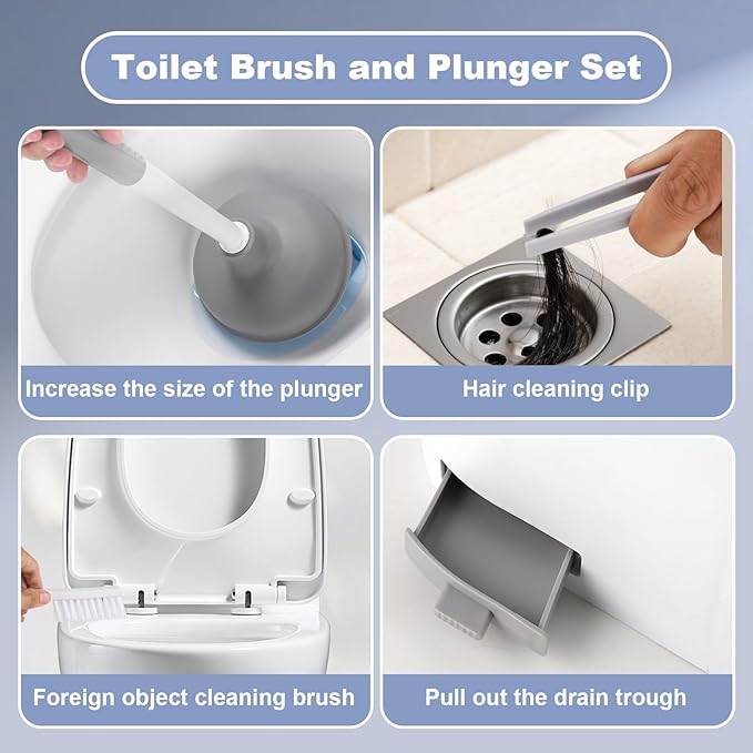 Toilet Brush and Plunger Set 4 in 1 Toilet Brush and Holder with Crevice Cleaning Brush and Clip Deep Cleaning Wall Mounted Home Bathroom Cleaning Tool Combo （Gray 1）