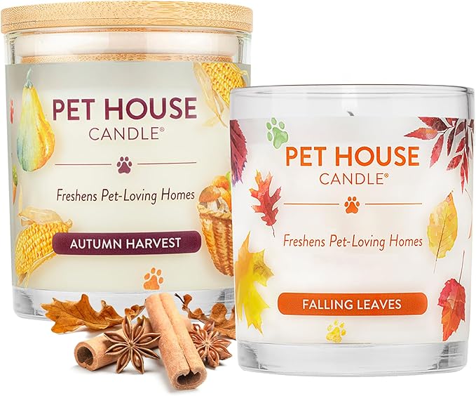 One Fur All Pet Friendly Candle 2 Pack - Plant-Based Soy Candles Clean Burning Long Lasting Pet Air Freshener for Home 2 Pack Falling Leaves and Autumn Harvest