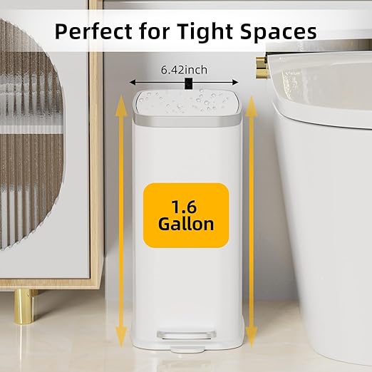 Stainless Steel Bathroom Trash Can with Lid Soft Close1.6 Gallon Slim Garbage canSmall Metal Step Wastebasket for Office Bedroom Toilet White