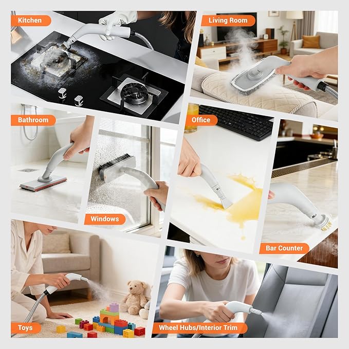 Steam Cleaner for Home - Portable Handheld Steamer for Cleaning With 15s Heat-UP 0.78 Quarts Tank9 Accessories - Clean GreaseAutomotive wheels and interior trimGrout Tile Floor Couch Carpets