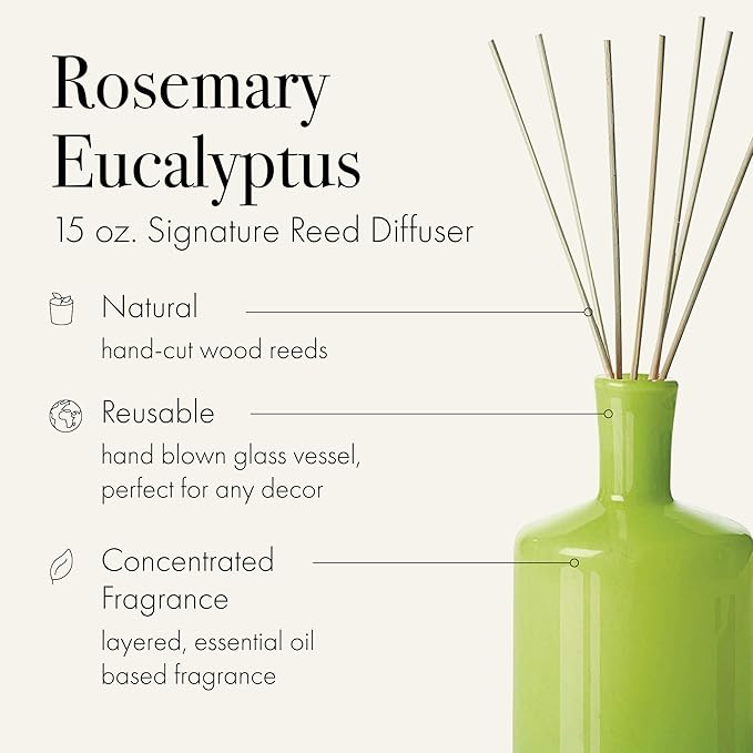 LAFCO New York Signature Reed Diffuser Rosemary Eucalyptus - 15 oz - Up to 9 Months Fragrance Life - Reusable Hand Blown Glass Vessel - Natural Wood Reeds - Made in The USA