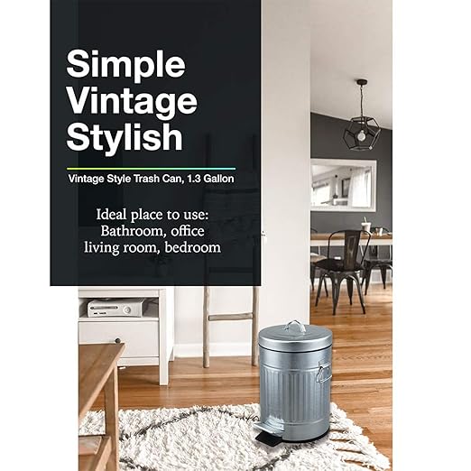 Bathroom Trash Can with Lid Small Waste Basket for Home Bedroom Retro Step Garbage Can with Soft Close Vintage Office Trash Can 5 Liter/ 1.3 Gallon Glossy Grey