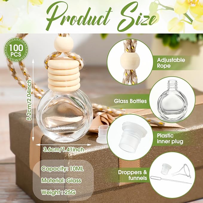 Inbagi 100 Pcs 10ml Car Hanging Perfume Bottle Car Air Freshener Empty Glass Diffuser Bottles Hanging Fragrance Perfume Pendant Refillable Aromatherapy Essential Oils Bottle Auto Ornaments Decor