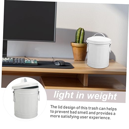 STOBOK Metal Desktop Storage Bucket Small Trash Can Lid Office Wastebasket for Living