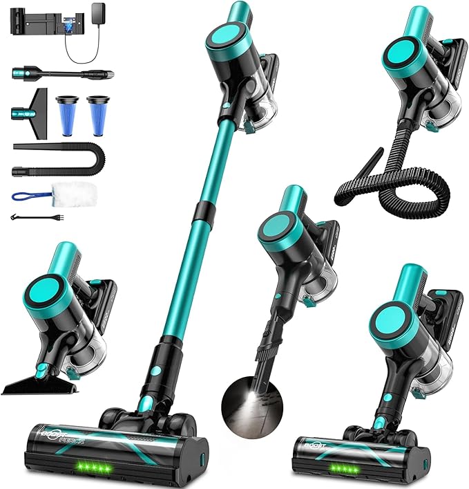 Cordless Vacuum Cleaner 58Kpa Vacuum Cleaners for Home 55Mins Stick Vacuum with Self-Standing &amp LED Display Anti-Tangle &amp Wall Mount Charging (Cyan)