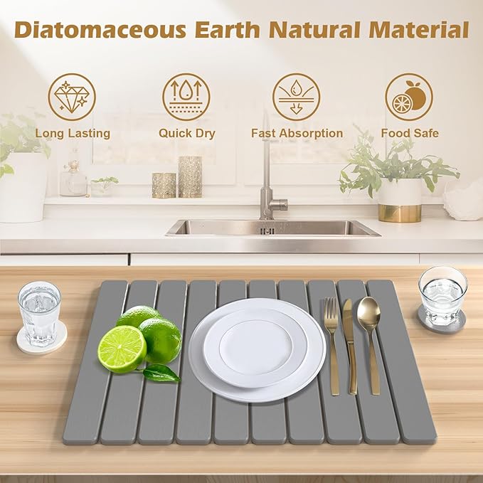 Large Stone Drying Mat for Kitchen Counter with 2 Coasters Stone Dish Drying Mat 24x16 Stone Mat Quick Absorbent Diatomaceous EarthFoldable and Multi-Purpose for Dishes BathroomPlants