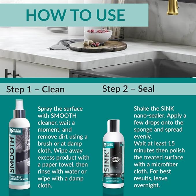 Shieldon Sink Care Kit – Cleaner &amp Nano Sealer for Granite Composite Ceramic &amp Natural Stone Sinks – Restores Shine Repels Stains Grease &amp Hard Water – 2 Sponges &amp Microfiber Cloth