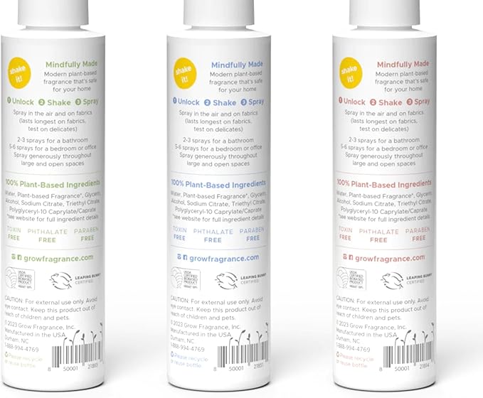 Grow Fragrance Spring 3-Pack – Non-Toxic Air Freshener Spray – Green Tea Matcha Hibiscus Tea &amp Wildflower Rain – 100% Plant-Based Essential Oils – Safe for Home Car &amp Linens – 5 oz Each