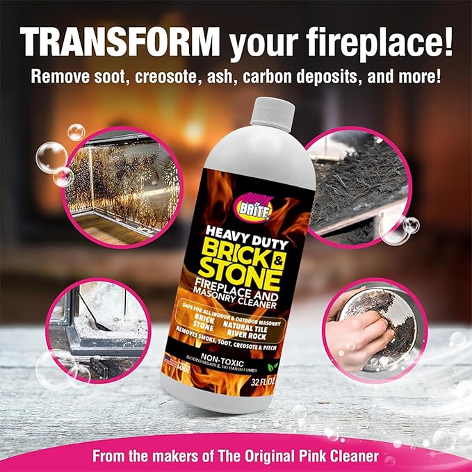 Quick'n Brite Fireplace Brick and Stone Cleaner 32oz with Scrub Brush - Natural Stone Tile and Marble Cleaner - Indoor Fireplace and Wood Stove Cleaning Kit - Pellet Stove Creosote Remover
