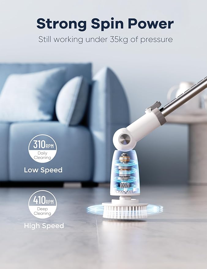 Electric Spin ScrubberFloor Power Scrubber with Long Handle Dual SpeedsCleaning Brush CordlessShower Scrubber Scrub Brush with 3 Adjustable Angles8 Brush Heads for Bathroom Tile