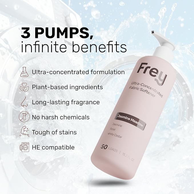 FREY Natural Liquid Fabric Softener &amp Conditioner | Laundry Softener for Clothing | Works In All Machines + HE | Powered by Natural Ingredients (2-pack Jasmine Rose)