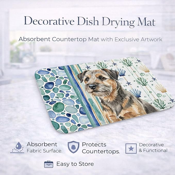 Caroline's Treasures Grizzle and Tan Border Terrier Coastal Sea Glass Dish Drying Mat Absorbent Dish Drying Mat Pad for Kitchen Counter Dish Drainer Mat for Countertop 14 x 21 Multicolor