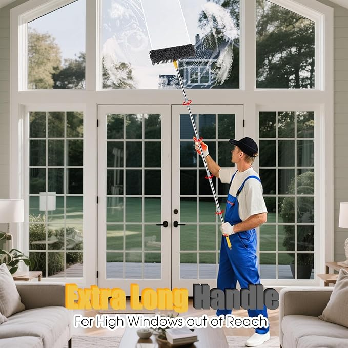 96 Long Handle Window Wall Cleaner Tool with Extension Pole2 in 1 Large Window Squeegee with Cleaning Mop Tools Kit for Window/Wall/Baseboard/Floors Clean/Solar Panel Washer