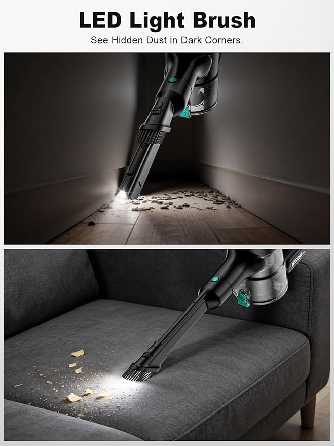 Cordless Vacuum Cleaner58kPa/10-in-1 Stick Vacuum with 29-inch Hose and LED Lighting Brush50Mins Runtime Vacuum Cleaner for HomeSelf-Standing Vacuum with Anti-Tangle Brush for Pet Hair/Carpet/Floor