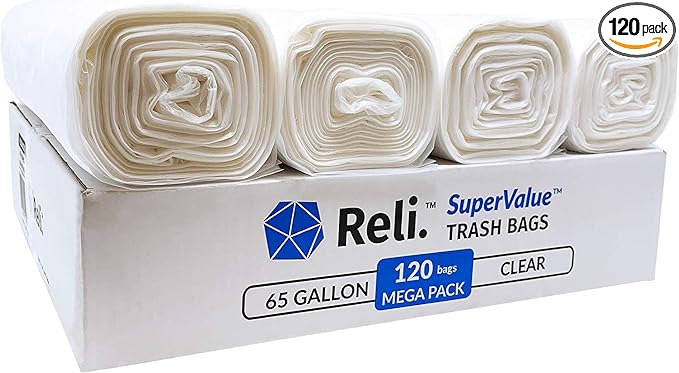 Reli. SuperValue 65 Gallon Trash Bags | 120 Count | Made in USA | Heavy Duty | Bulk | Clear Multi-Use Garbage Bags