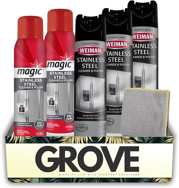 2x Stainless Steel Cleaner &amp Polish 17 oz Spray + 3x Weiman Stainless Steel Cleaner and Polish Bundle with Microfiber Towel – Cleans Polishes and Protects Surfaces – Gift Set (5 Items)