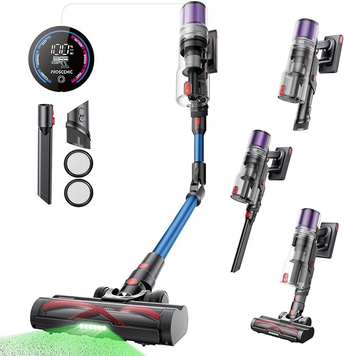 Proscenic Cordless Vacuum Cleaner 45Kpa 55Mins Runtime 180°Bendable Wand Vacuum Cleaners for Home with Green Light Anti-Tangle Brush Rechargeable Lightweight Stick Vacuum for Pet Hair P16(Blue)