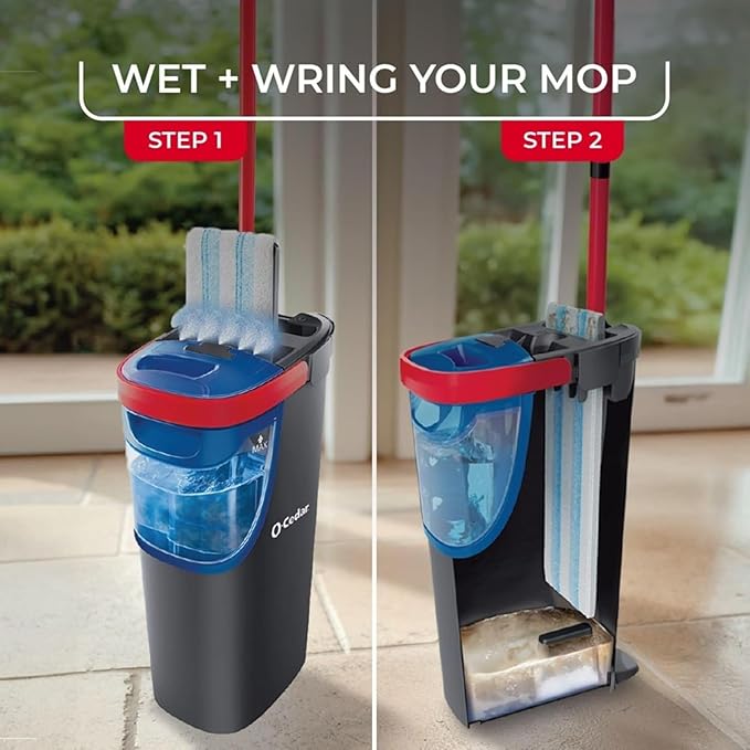 O-Cedar H2prO Flat Mop System with 1 Mop Head Refill | Quick Cleaning Tool | Clean with Clean Water | Machine Washable Reusable Microfiber Mop Pad | Safe on Wood Floors Vinyl Tile Baseboards Walls