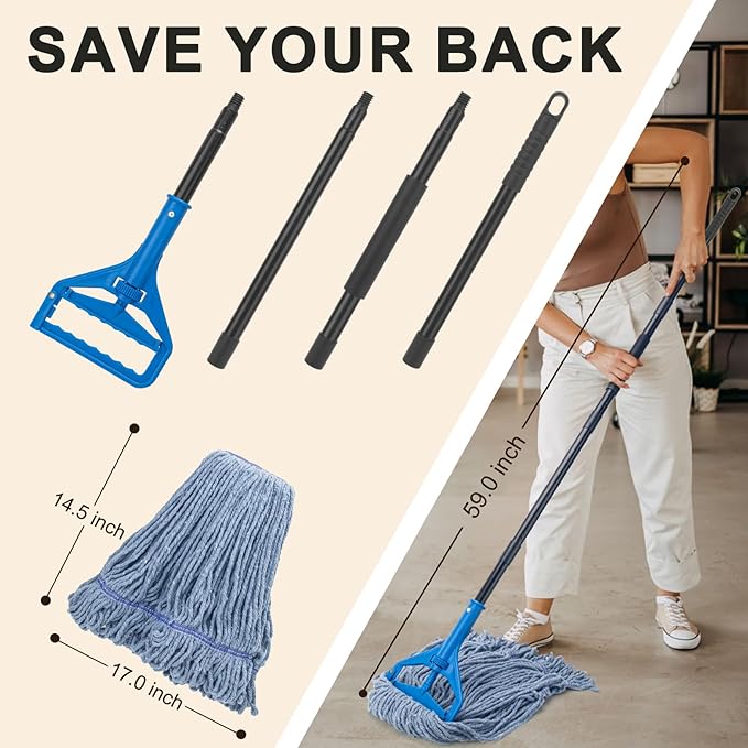 Commercial Industrial Mop with 3 Extra Large Reusable Replacement Head59 Long Handle Heavy Duty Wet MopsLooped-End String Cotton Mop for Floor CleaningHouseKitchenOfficeGarageTile(Blue)