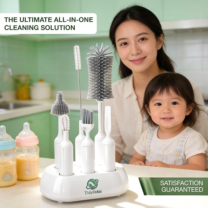 6-in-1 Bottle Brush Set with Holder – Multipurpose Cleaning Kit for Baby Bottles Reusable Water Bottles Straws and Lids – BPA-Free Compact Storage