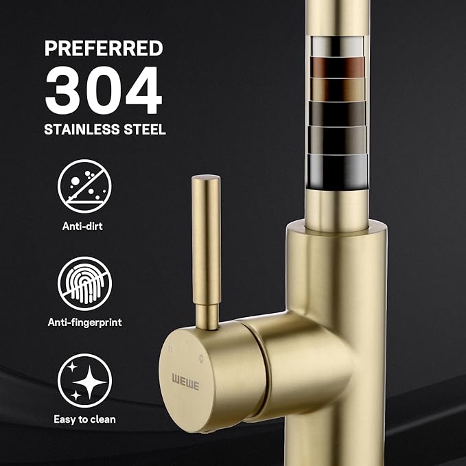 WEWE Gold Kitchen Faucet with Pull Down Sprayer Single Handle Brushed Gold Kitchen Sink Faucets Stainless Steel Brass Copper Commercial RV 1 or 3 Hole Champagne Bronze
