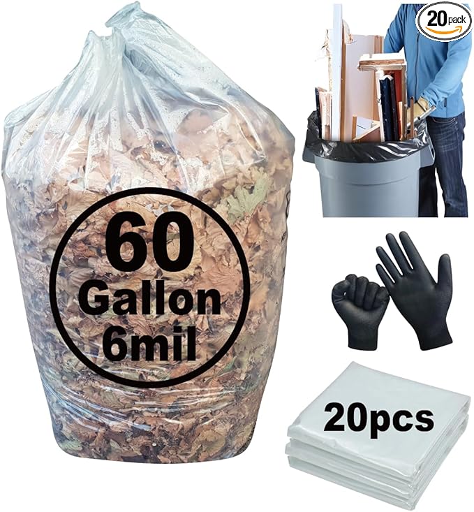 6 Mil Clear Contractor Bags - 20 Pack Heavy Duty Contractor Trash Bags for 50/55/60 Gallon Large Clear Garbage Bags (Extra Thick Tear Resistant) (32 X 52)