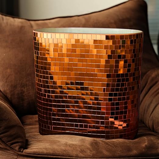 WDHODEC Rose Gold Mosaic Waste Basket (9.8 Tall) | Narrow Oval Decorative Trash Can for Bathroom Vanity &amp Toilet Side | Luxury Handcrafted Mirror Accent Dual-Use Flower Vase