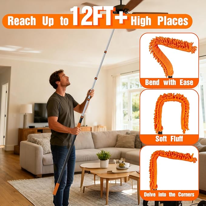 20FT Reach Duster Cleaner Kit Dusters for Cleaning with Extension Pole Baseboard &amp Wall and Window Cleaner Mop for Fan Blades High Ceiling and Cobweb