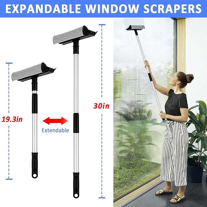 Microfiber Duster Kit 23pcs with 30 to 100 Inches Extension Pole and Extendable Window Squeegee Washable and Bendable Feather Duster for Cleaning Ceiling Fans High Ceilings Cobwebs Blinds