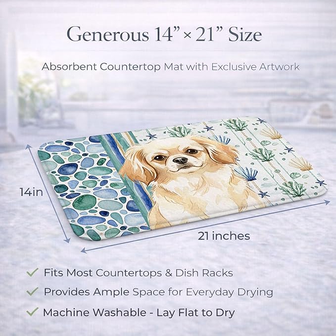 Caroline's Treasures Cream Tibetan Spaniel Coastal Sea Glass Dish Drying Mat Absorbent Dish Drying Mat Pad for Kitchen Counter Dish Drainer Mat for Countertop 14 x 21 Multicolor