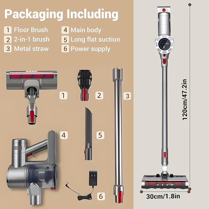 ZENG Cordless Vacuum Cleaner 28Kpa 330W 50Mins Self Standing Stick Vacuum Anti-Tangle Wireless Vacuum Cordless with Wall Mount Charging LED Touch Screen Vacuum Cleaners for Pet Hair Carpet