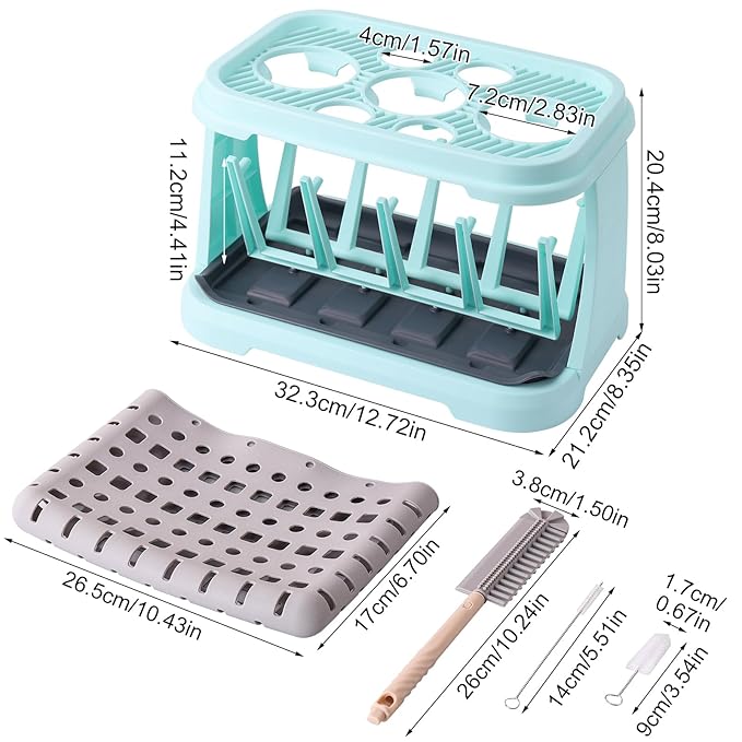 Baby Bottle Drying Rack with Brush &amp Dishwasher Basket - Space Saving Standing Drying Rack for Baby Bottles Pump Parts &amp Accessories Compact Organizer Holds Up to 8 Bottles (Blue)