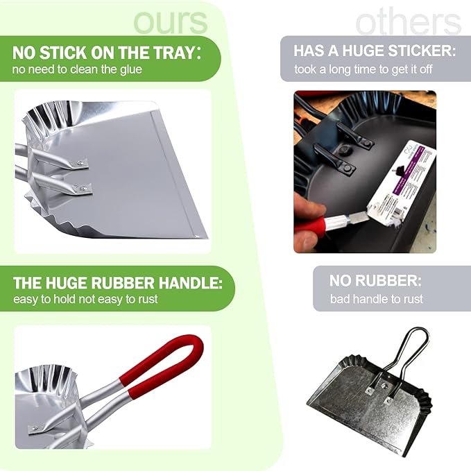 TOP DOG Metal Dustpan 17” Aluminum Dust Pans Heavy Duty Does not Chip or Bend Sheet Metal Edge Flat Against Floor for Small Item Sweeping Rubber Coated Easy to Grasp Handle (1pcs)