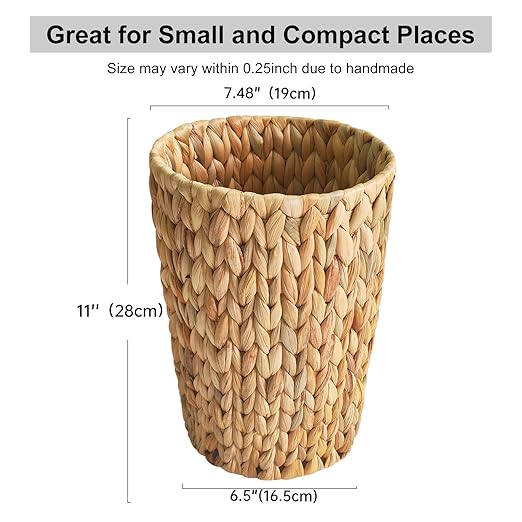 Wicker Trash CanSmall Bathroom Trash CanWater Hyacinth Wicker Waste Basket for BathroomBoho Waste Basket for BedroomHome OfficeCompact Spaces(2 Gallon Round)
