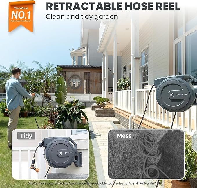 Giraffe Tools AW505/8 Retractable Garden Hose Reel 5/8 x 115+5 ft Heavy Duty Wall Mounted Water Hose Reel Automatic Rewind 180 Deg Swivel Bracket Slow Retraction 115ft Dark Grey