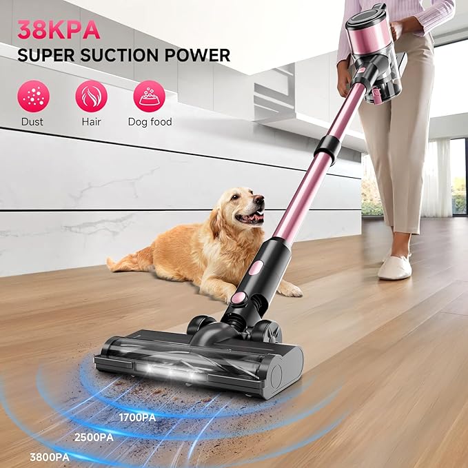 Cordless Vacuum Cleaner 8 in 1 Powerful Stick Vacuum with 45min Runtime Anti-Tangle Vacuum Cleaners for Home Lightweight Handheld Wireless Vacuum for Hardwood Floor Carpet pet Hair Rose B