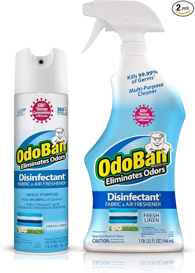 OdoBan Ready-to-Use Disinfectant and Harsh Aroma Eliminator Cleaner and Fabric/Air Freshener Set of 2 14.6 Ounce 360-Degree Continuous Spray and 32 Ounce Trigger Spray Fresh Linen Scent