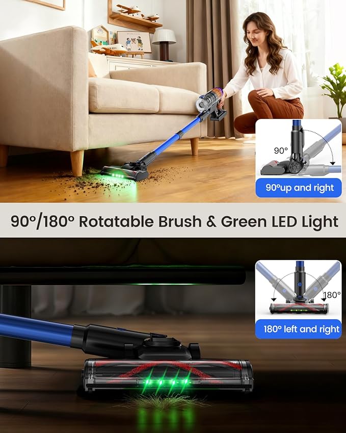 Cordless Vacuum Cleaner500W 40KPa 60Mins Vacuum Cleaners for HomePowerful Stick Vacuum With Green LightAnti-tangle Wireless Vacumm Rechargeable Vacuum for Pet Hair/Carpet/Hardwood FloorBlue