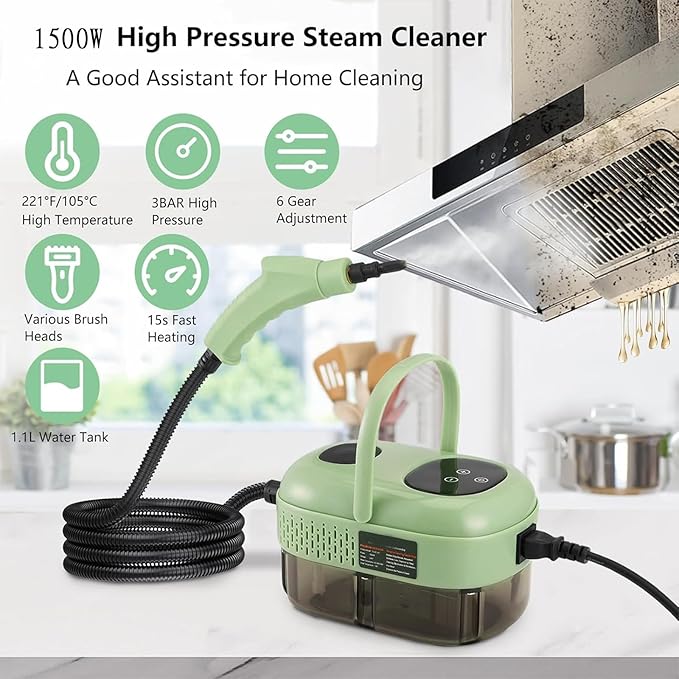Handheld Steam Cleaner 1500W High Temperature Steam Cleaner with 1.1L Large Water Tank and 3 Brush Heads 6-gears Adjustable and 15 Seconds Fast Heating for Home Us