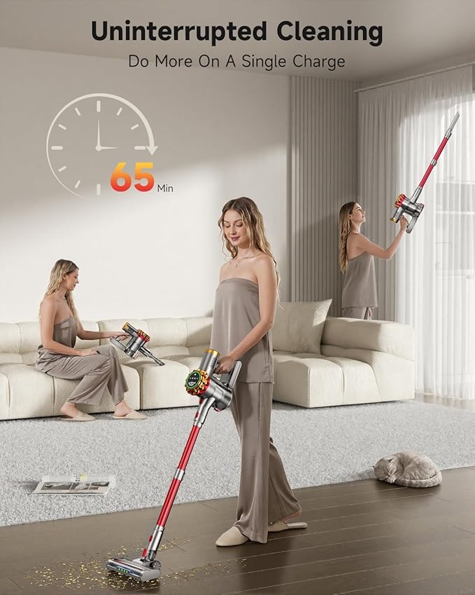 Cordless Vacuum Cleaner 580W 50Kpa Vacuum Cleaners for Home 65 Mins Battery Stick Vacuum Anti-Tangle Self-Standing 8-in-1 Lightweight Vacuum for Hardwood Floor/Carpet/Pet Hair